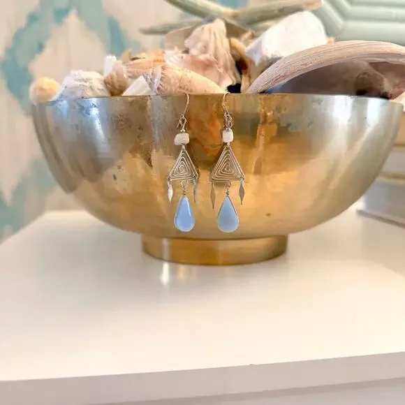 Artisan Geometric Silver Toned Dangle Spiral Triangle Blue Chalcedony - Picture 2 of 9